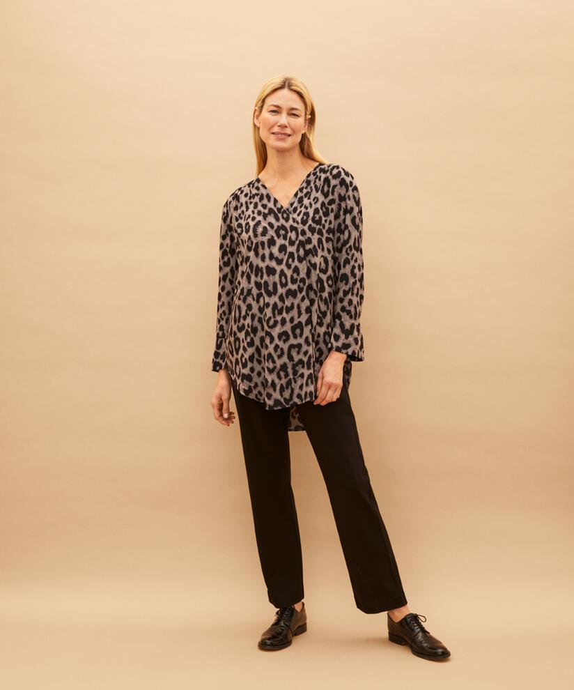 Gemusterte Viskose-Tunika mit Wickeleffekt, Steel Grey