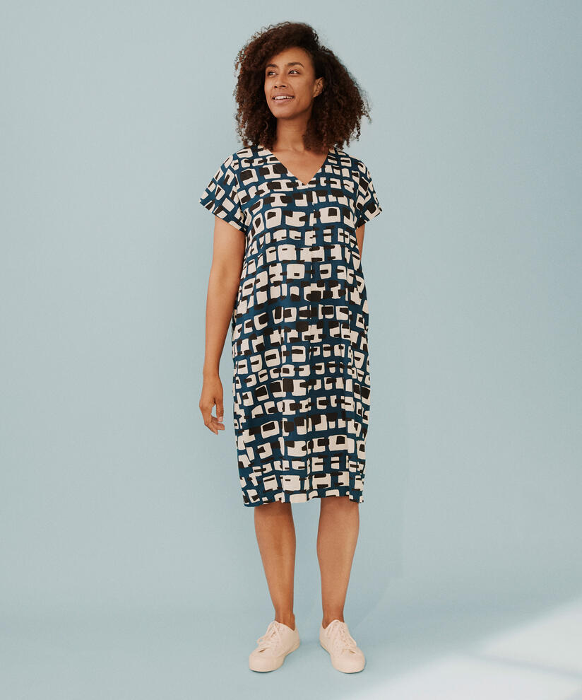 Kleid aus bedruckter Viskose mit V-Ausschnitt, Reflect Pond