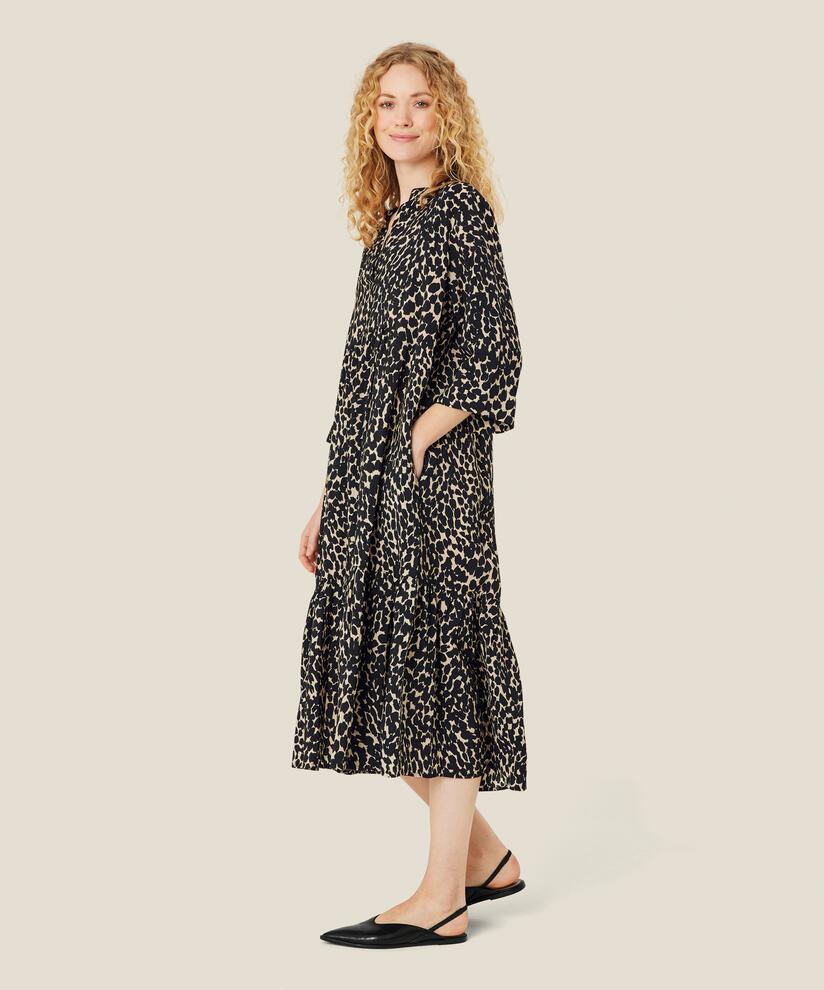 Gemustertes Viskosekleid mit Schlitz am Hals und Eingrifftaschen, Black