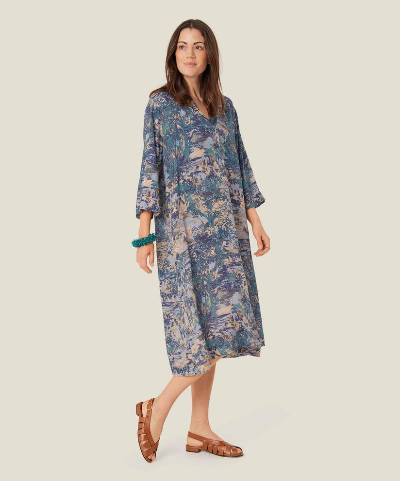 Viskosekleid mit V-Ausschnitt und Dreiviertelärmeln, Teal