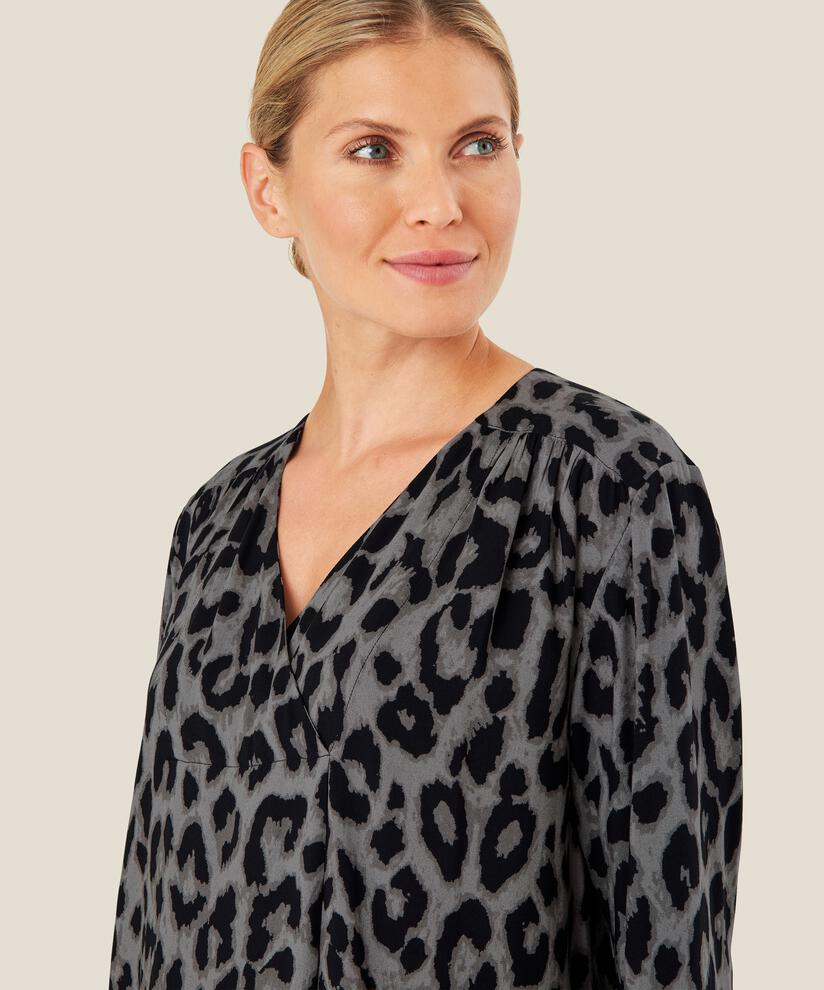 Gemusterte Viskose-Tunika mit Wickeleffekt, Steel Grey