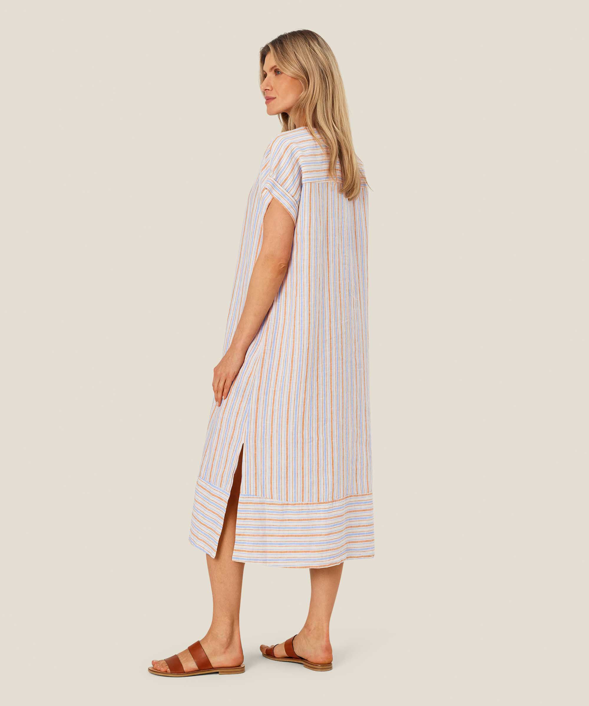 gestreiftes Leinenkleid mit Schlitz am Hals, Inca Gold