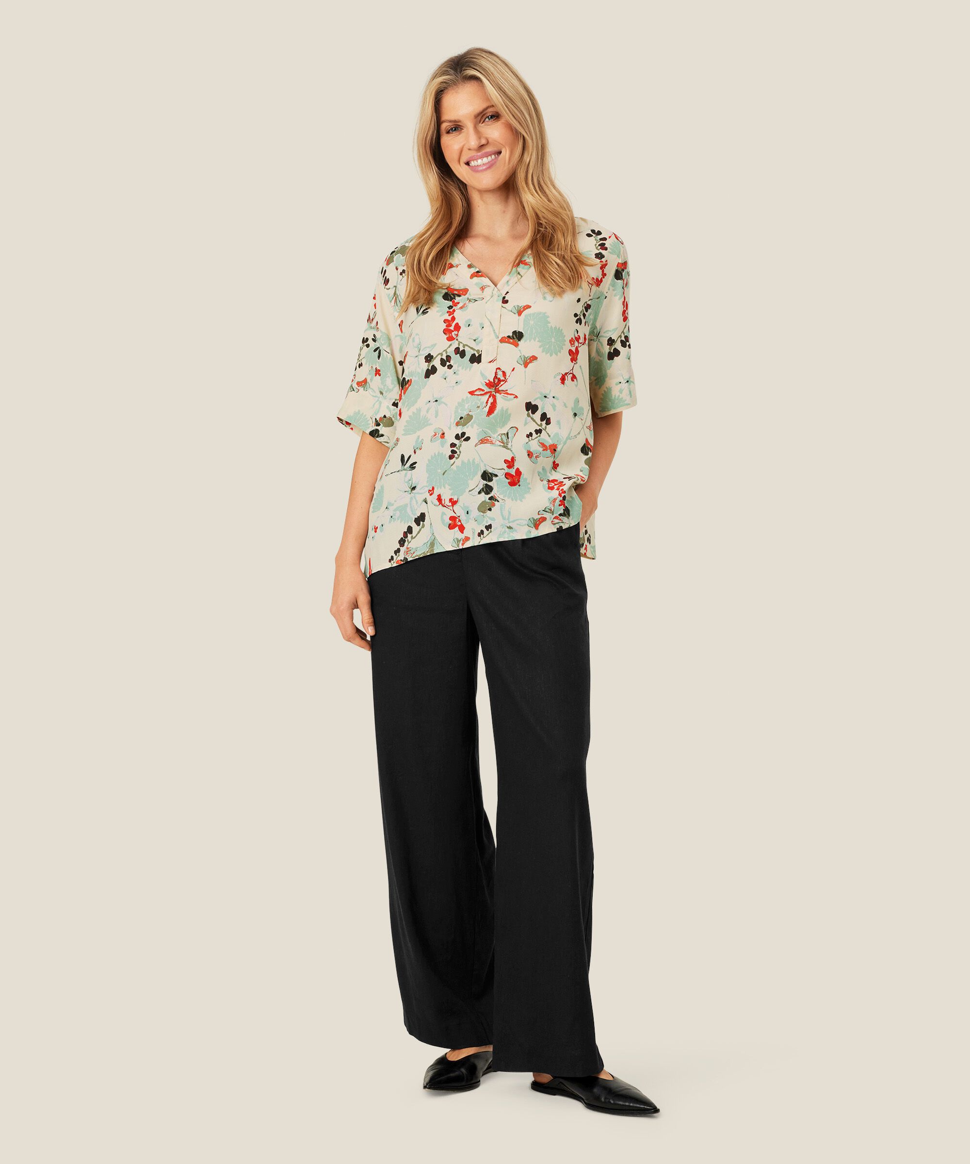 Hose aus Leinenmix mit weitem Bein und Eingrifftaschen, Black