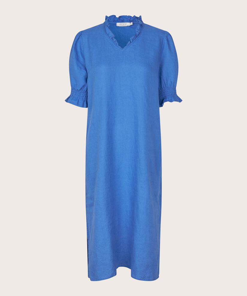 kurzärmliges Leinenkleid mit gerüschtem Ausschnitt, Nebulas Blue