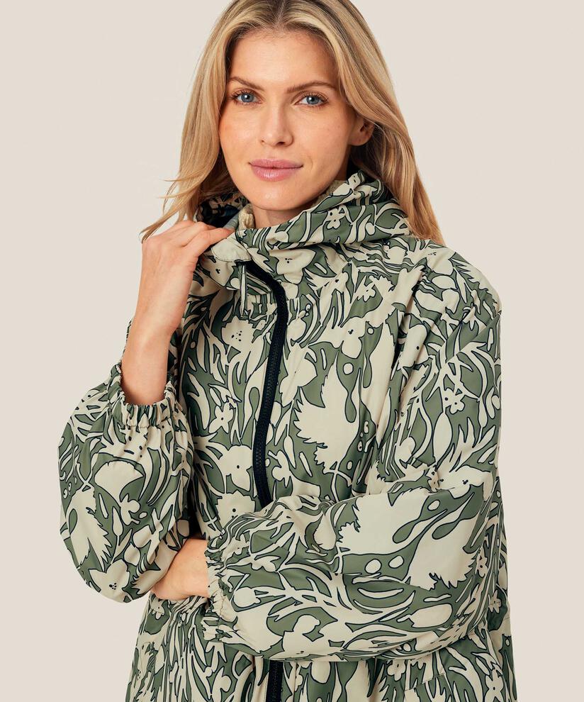 Bedruckter Regenmantel mit Kapuze und 2-Wege-Reißverschluss, D. Lichen Green