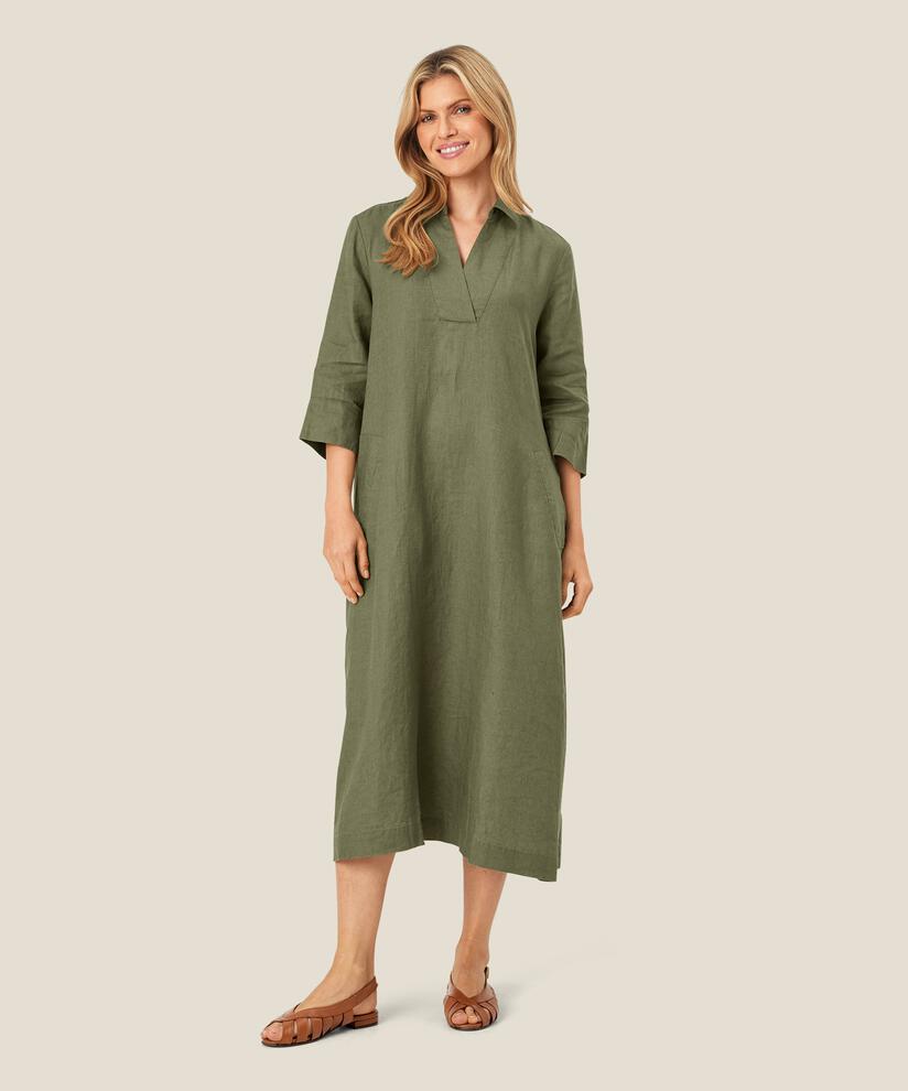 Leinenkleid mit V-Ausschnitt und Taschen, D. Lichen Green
