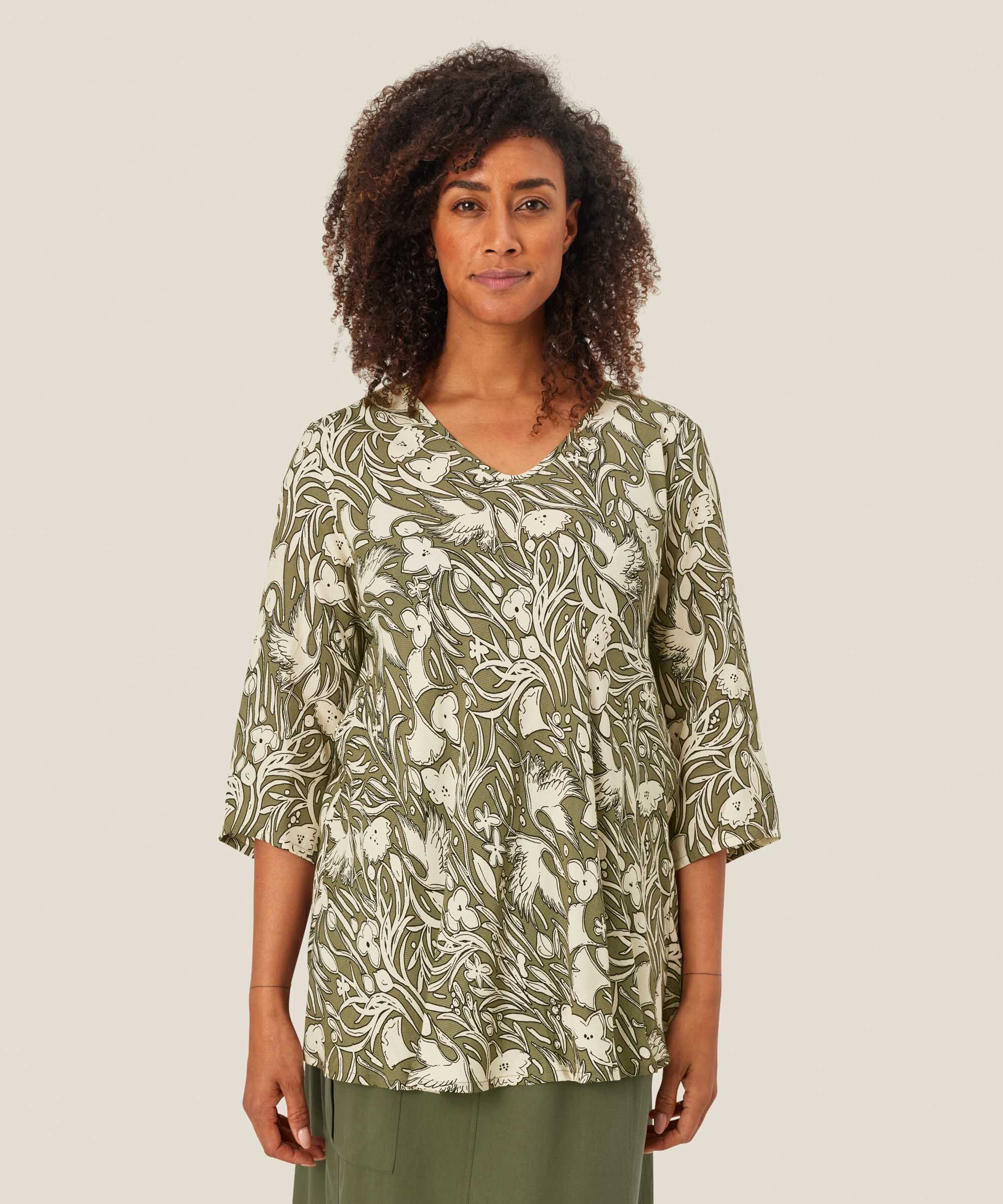Gemustertes Viskose-top Mit Dreiviertelärmeln, D. Lichen Green
