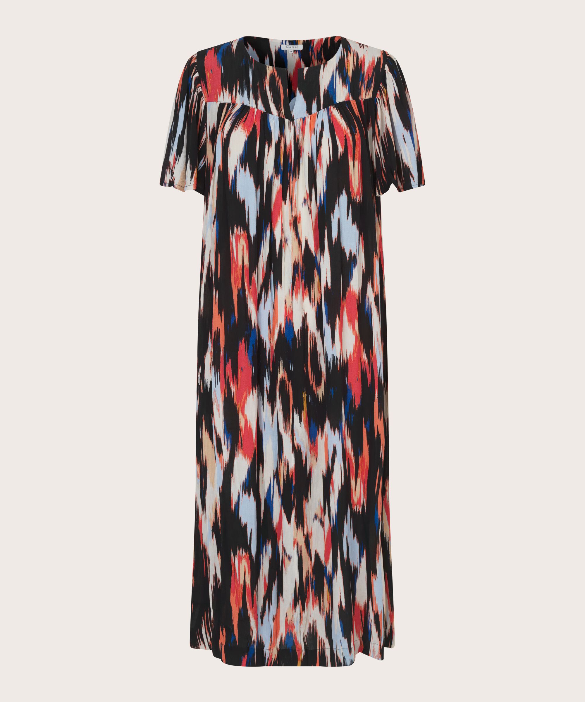 Bedrucktes Viskosekleid mit vielen Falten, Hibiscus