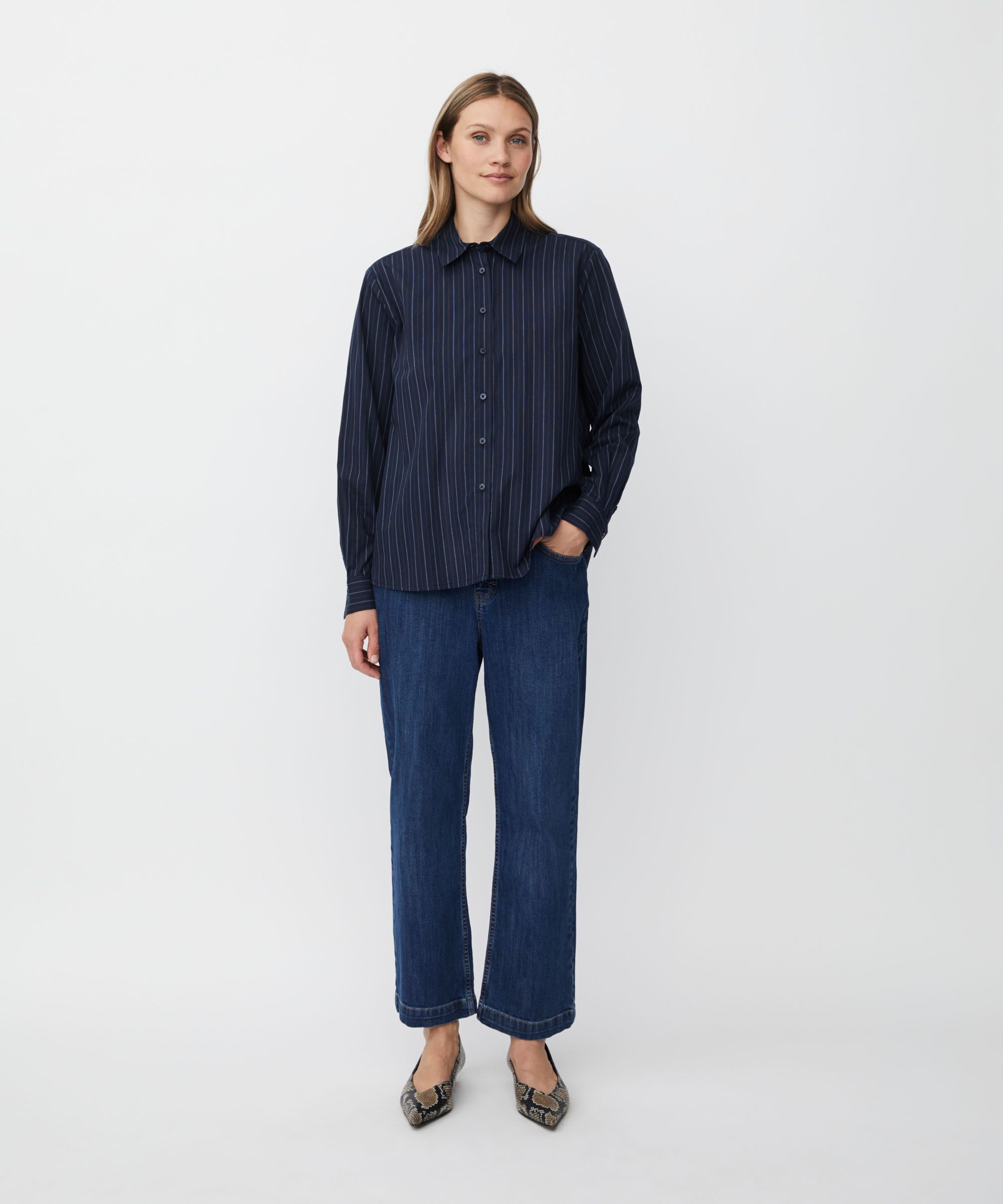 Nadelstreifen-Baumwollhemd mit längerem Rücken, Navy Blazer