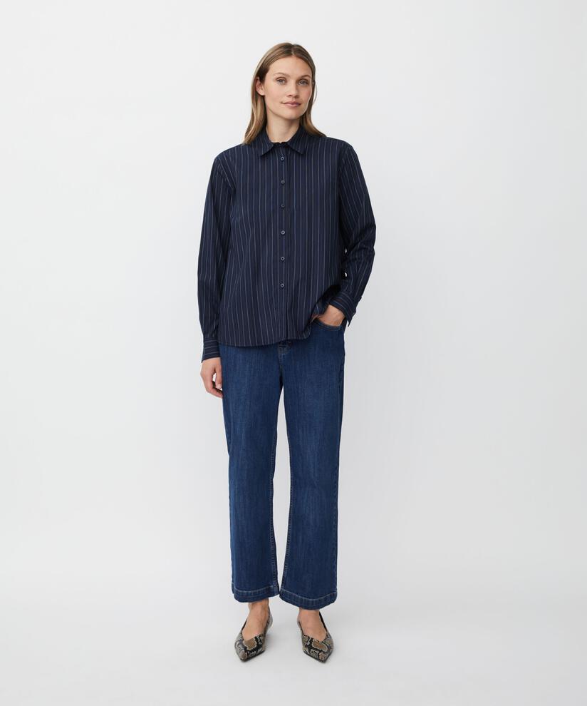 Nadelstreifen-Baumwollhemd mit längerem Rücken, Navy Blazer
