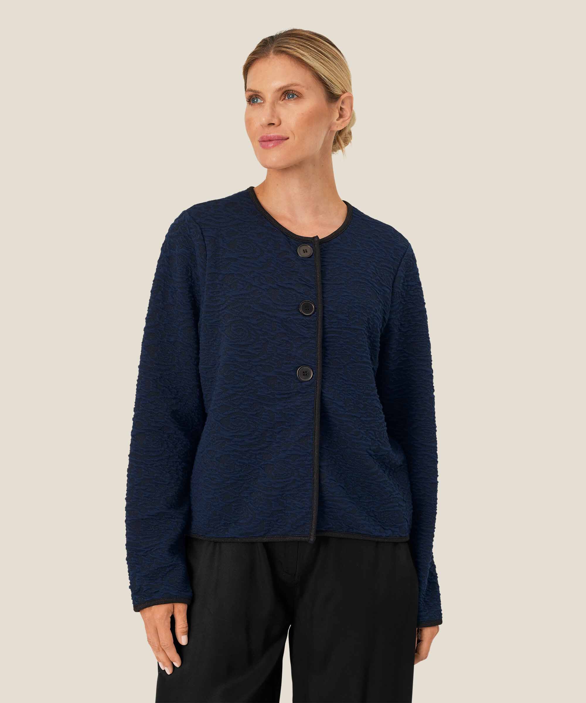 Jacke mit gewebtem Muster und schwarzem Rand, Navy