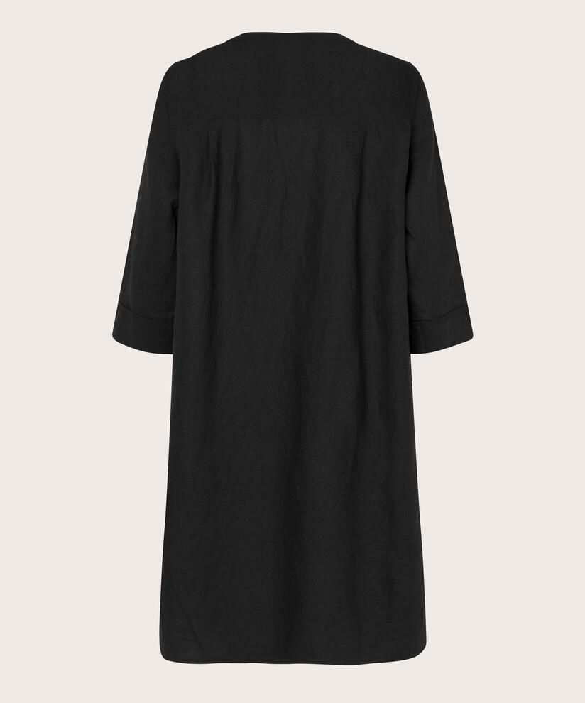 Leinenkleid mit V-Ausschnitt und Eingrifftaschen, Black