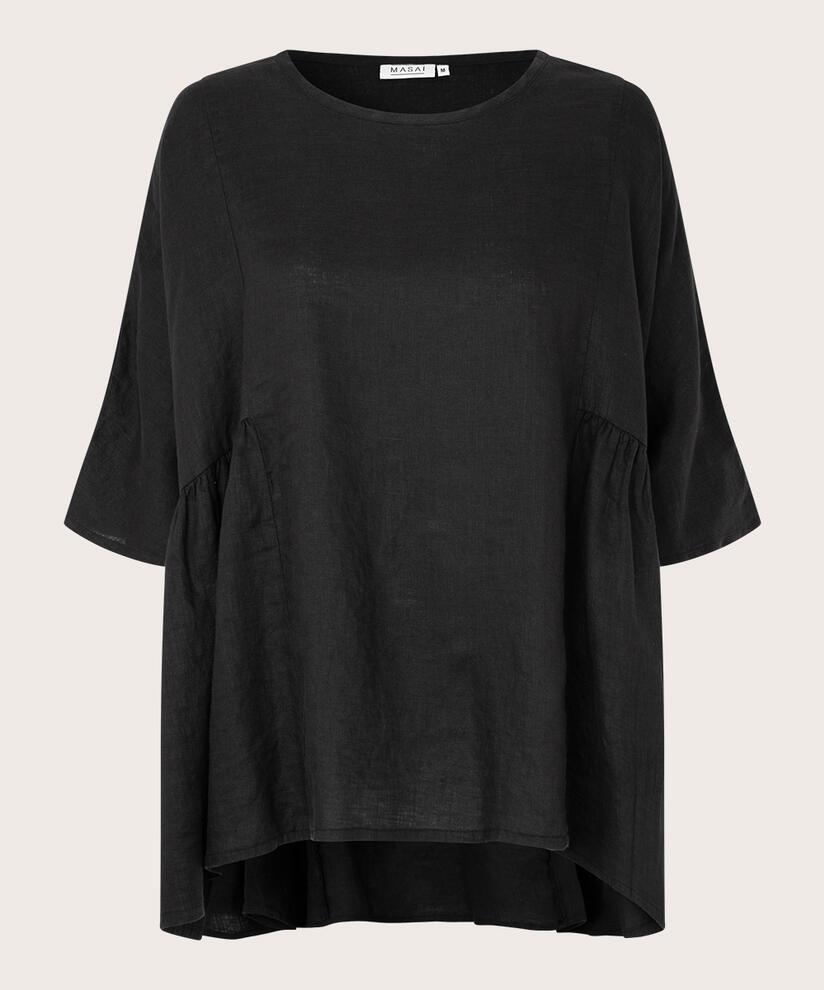 Leinenbluse mit Falten an den Seiten, Black