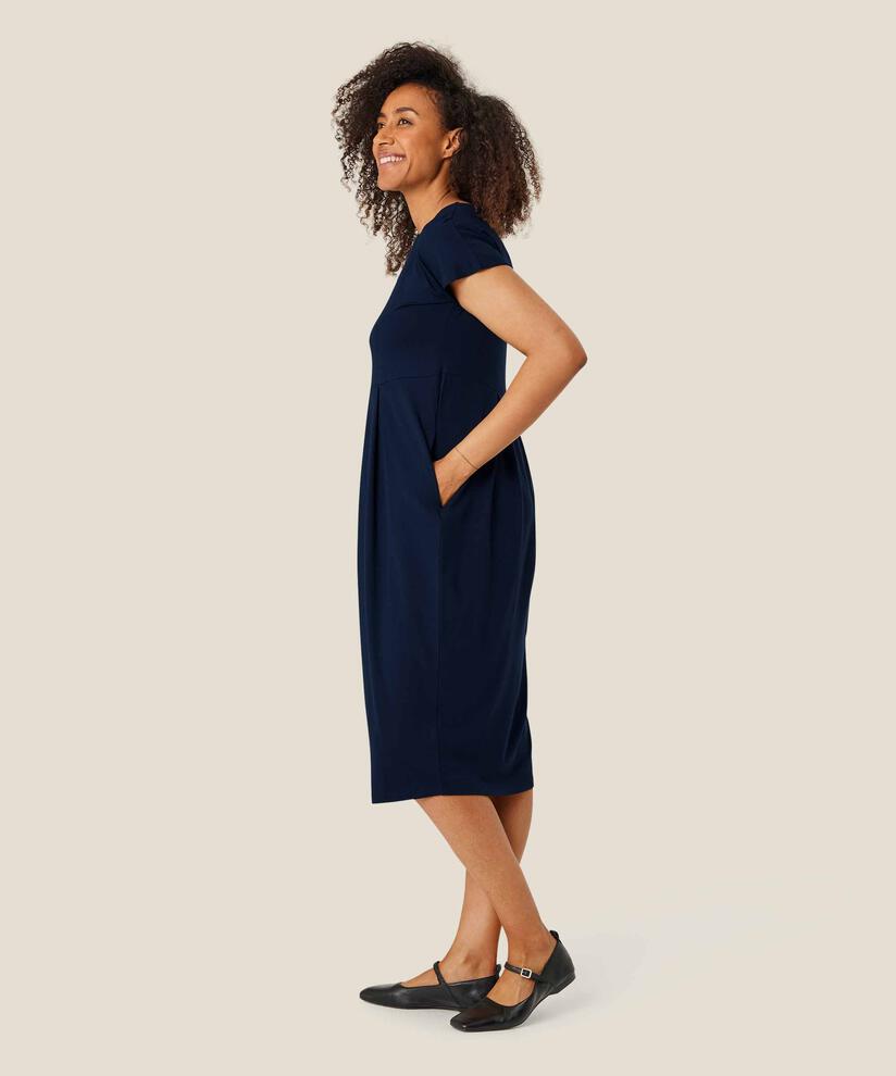 Tulpenkleid mit kurzen Ärmeln und Rundhalsausschnitt, Navy