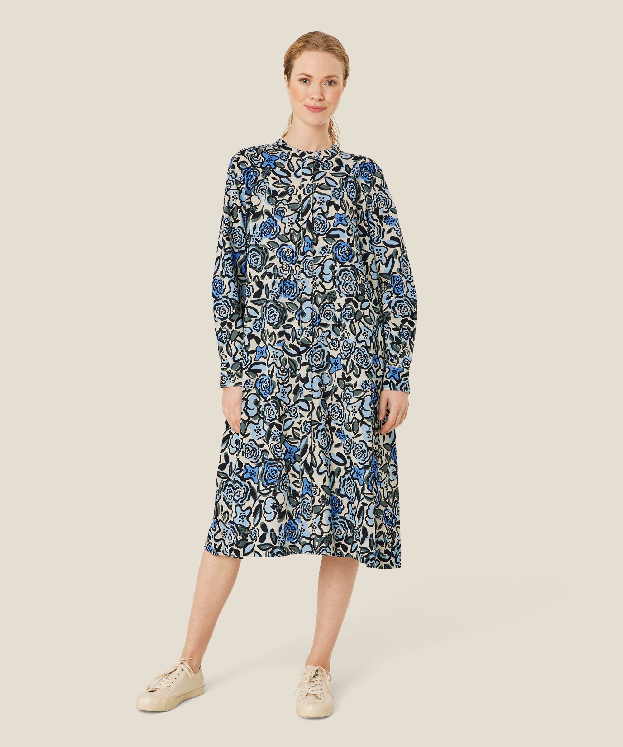 Kleid aus geblümter Baumwolle mit verdeckter Knopfleiste, Blue Bonnet