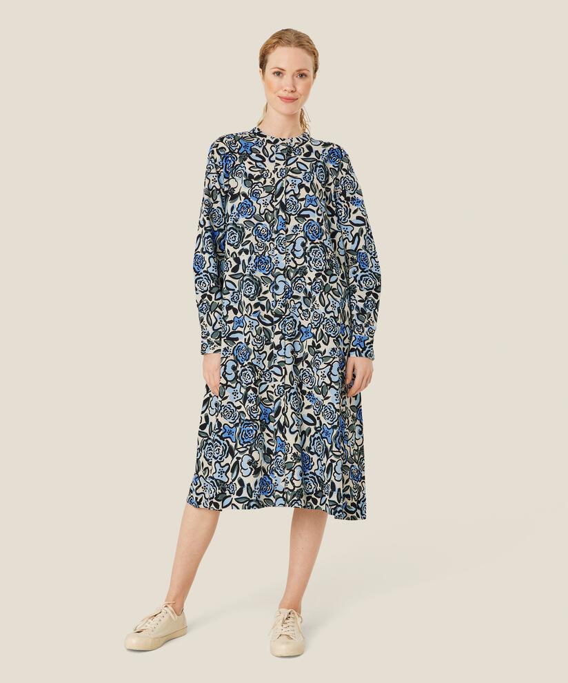 Kleid aus geblümter Baumwolle mit verdeckter Knopfleiste, Blue Bonnet
