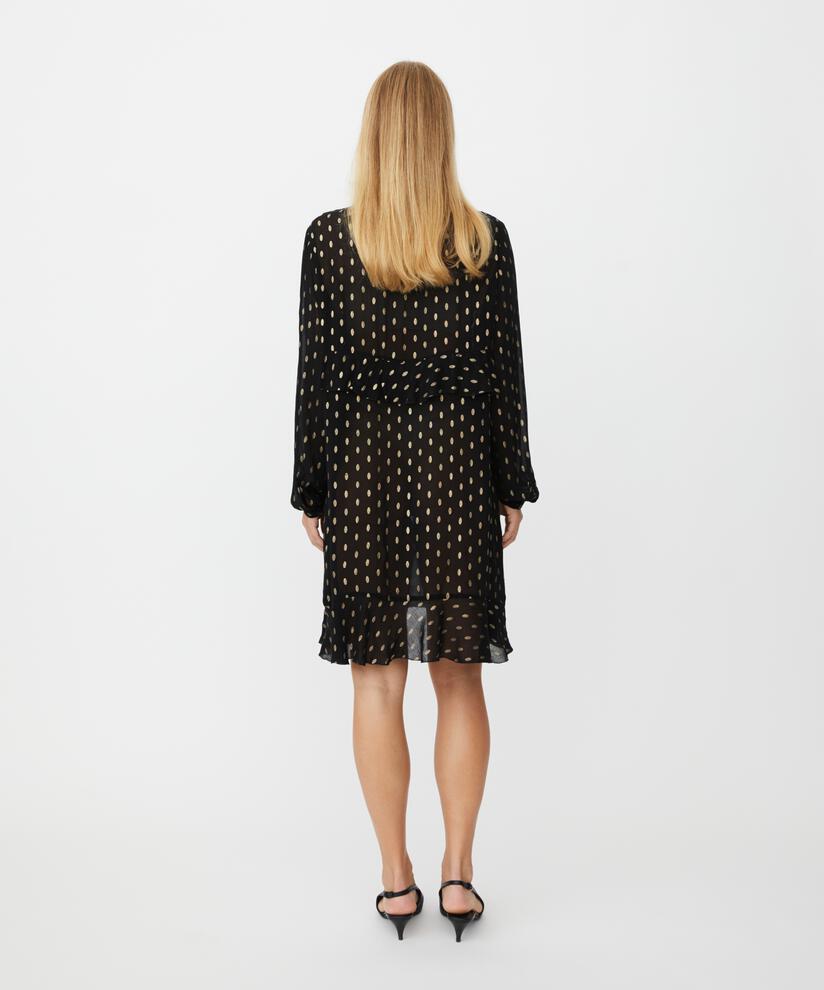 leicht transparentes Kleid mit goldenen Punkten und Rüschendetails, Black