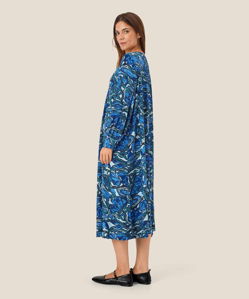 Bedrucktes Viskosekleid mit langen Ärmeln, Blue Fog