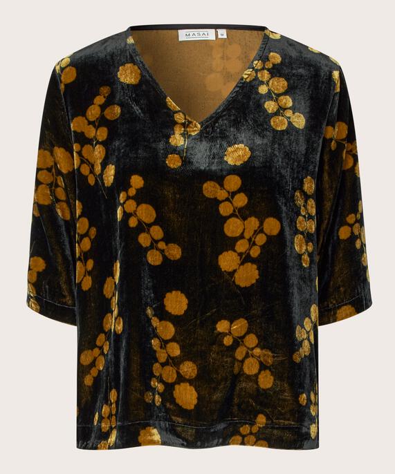 bedruckte Veloursbluse mit 1/2 Ärmeln und V-Ausschnitt, Rubber