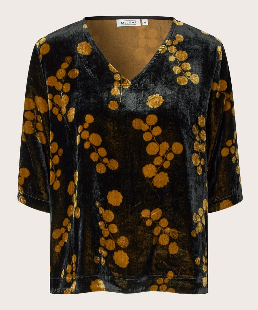 bedruckte Veloursbluse mit 1/2 Ärmeln und V-Ausschnitt, Rubber