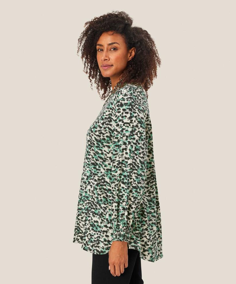 Bedruckte Jersey-Tunika mit Knopfdetail am Hals, Winter Green