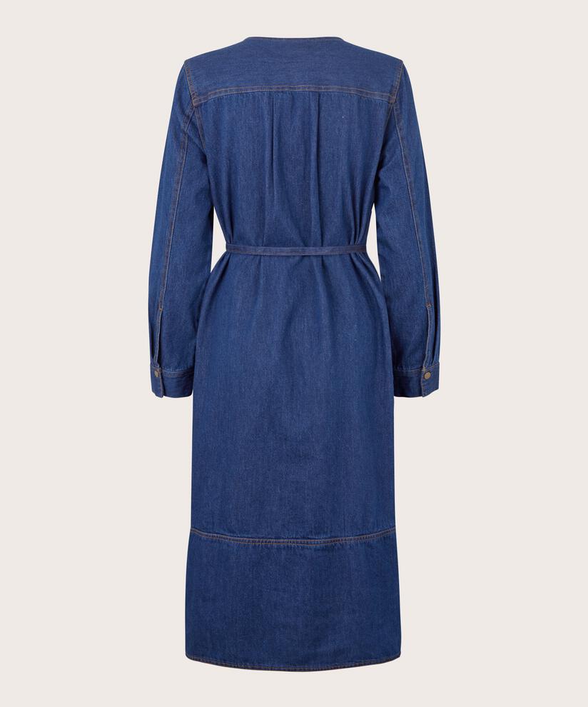 Jeanskleid mit V-Ausschnitt und Gürtel, Dark Denim