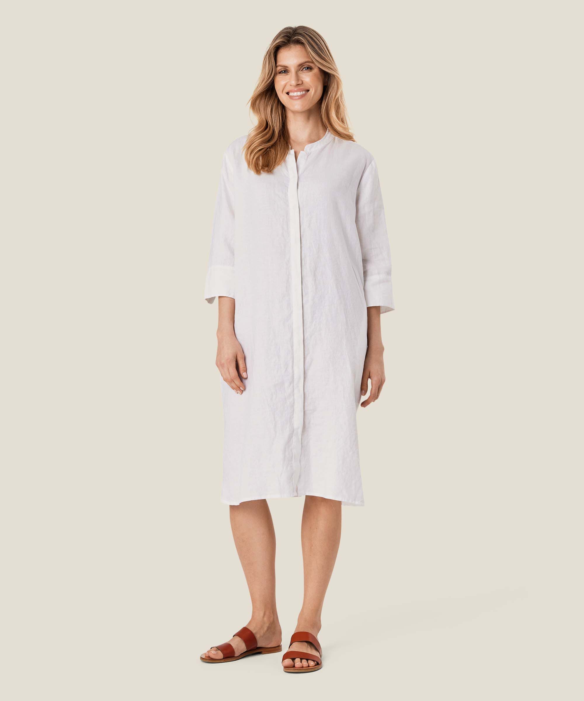 Hemdkleid aus Leinen mit Dreiviertelärmeln, White