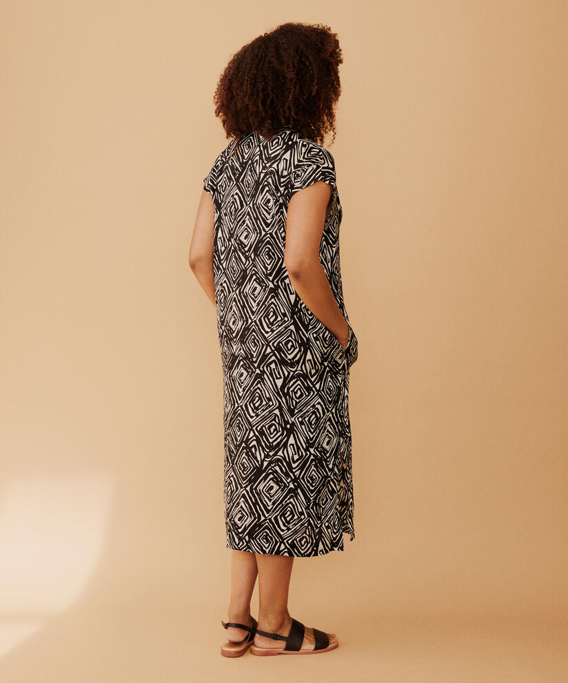 Bedrucktes Viskosekleid mit tiefem V-Ausschnitt, Black
