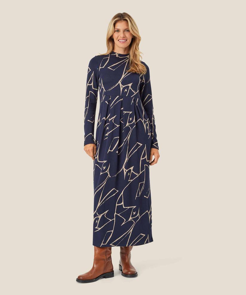 Langes, bedrucktes Tulpenkleid mit Eingrifftaschen, Navy Blazer