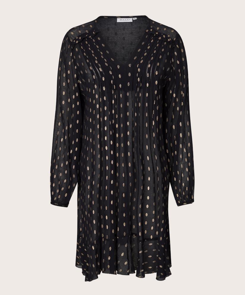 leicht transparentes Kleid mit goldenen Punkten und Rüschendetails, Black