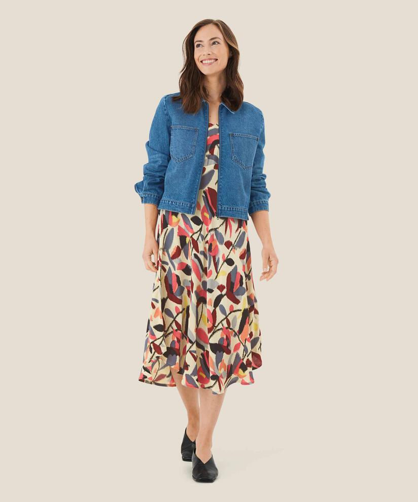 Viskosekleid mit Trompetenärmeln, Calypso Coral