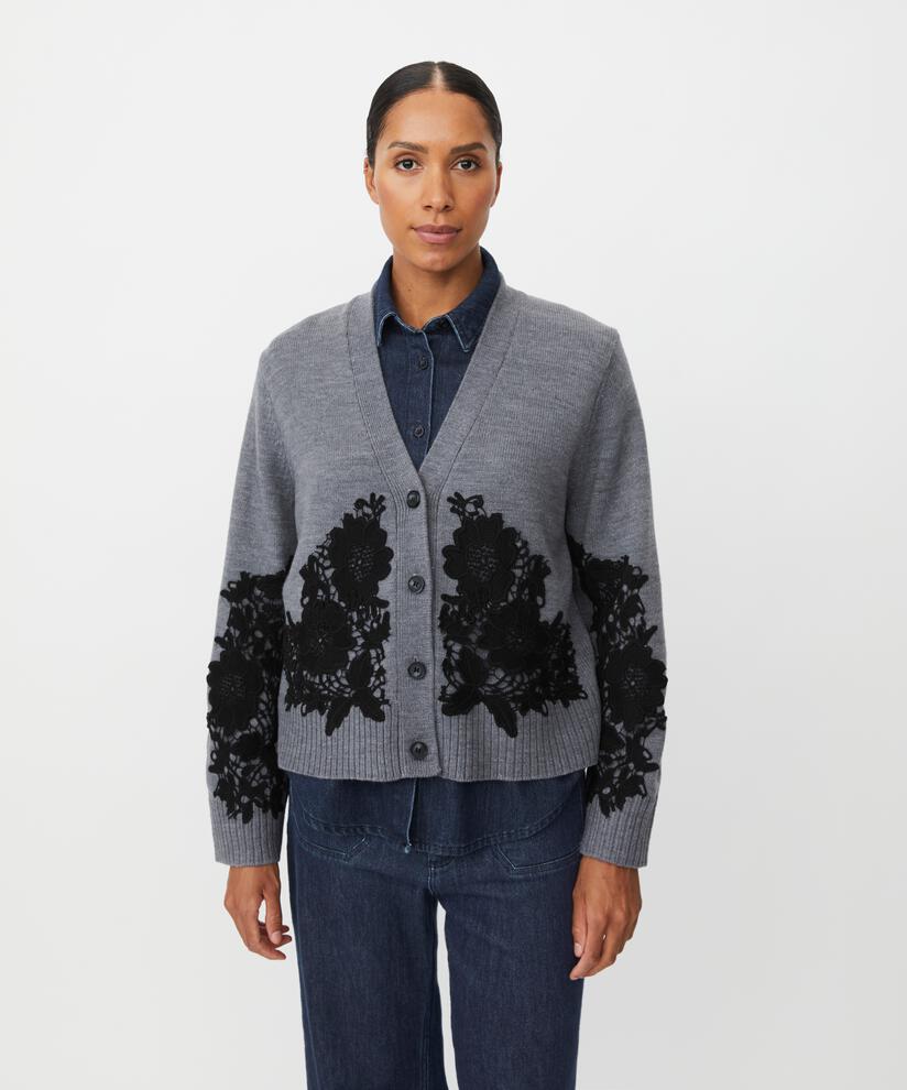 Cardigan mit aufgenähter Spitze und gerippten Kanten, M. Grey mel.