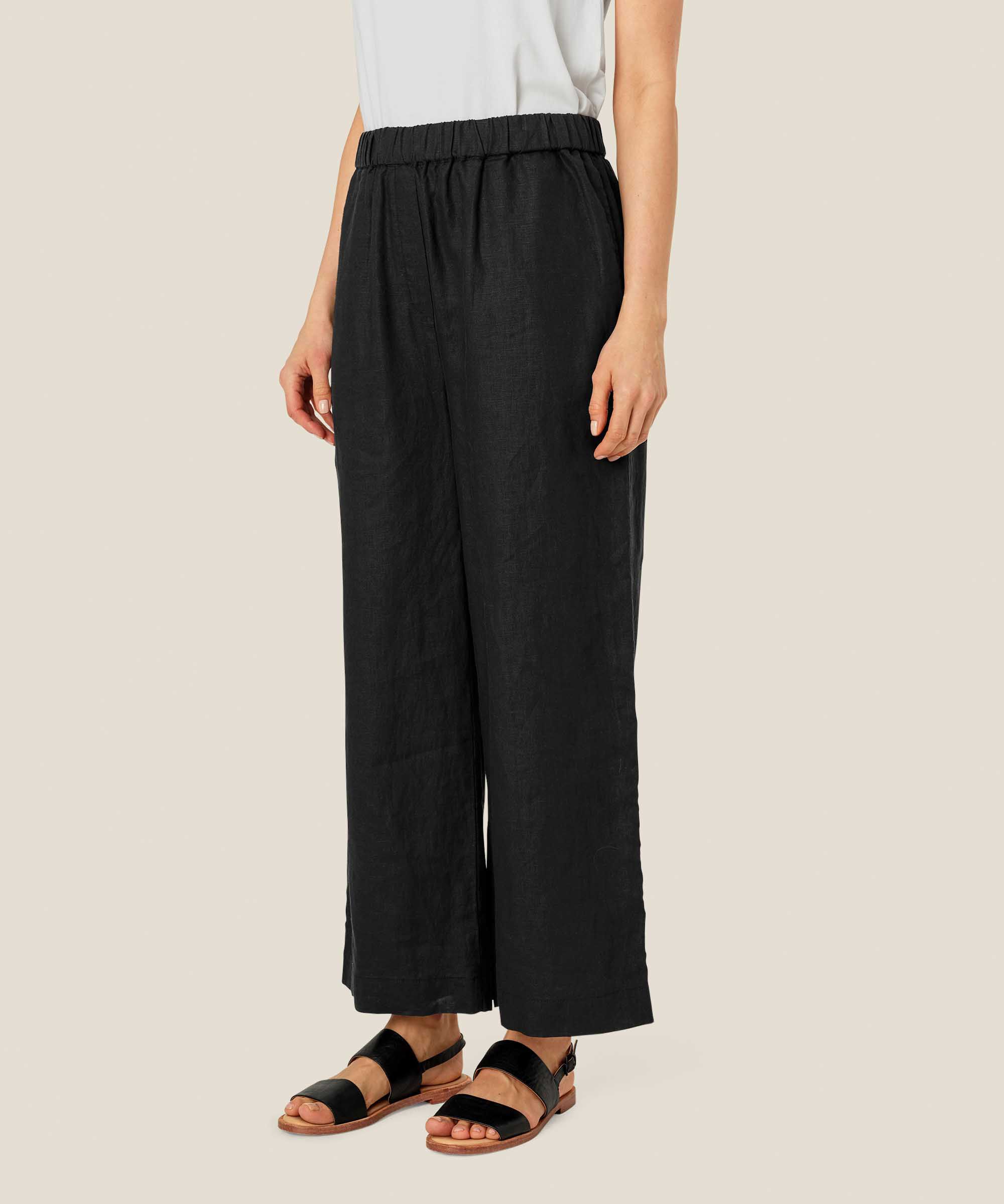 Weite Leinenhose mit elastischem Bund, Black