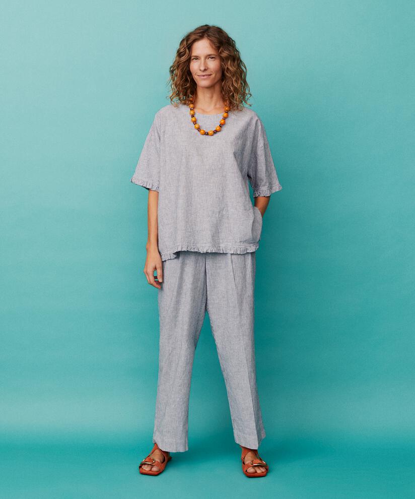 Gestreifte Hose aus Leinenmischung mit Gummizug hinten, Black