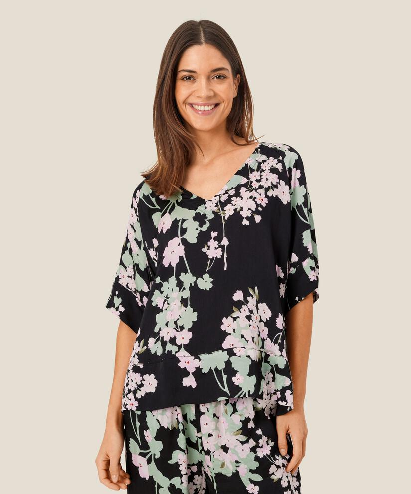 Geblümte Viskosebluse mit kurzen Ärmeln, Pink Lady