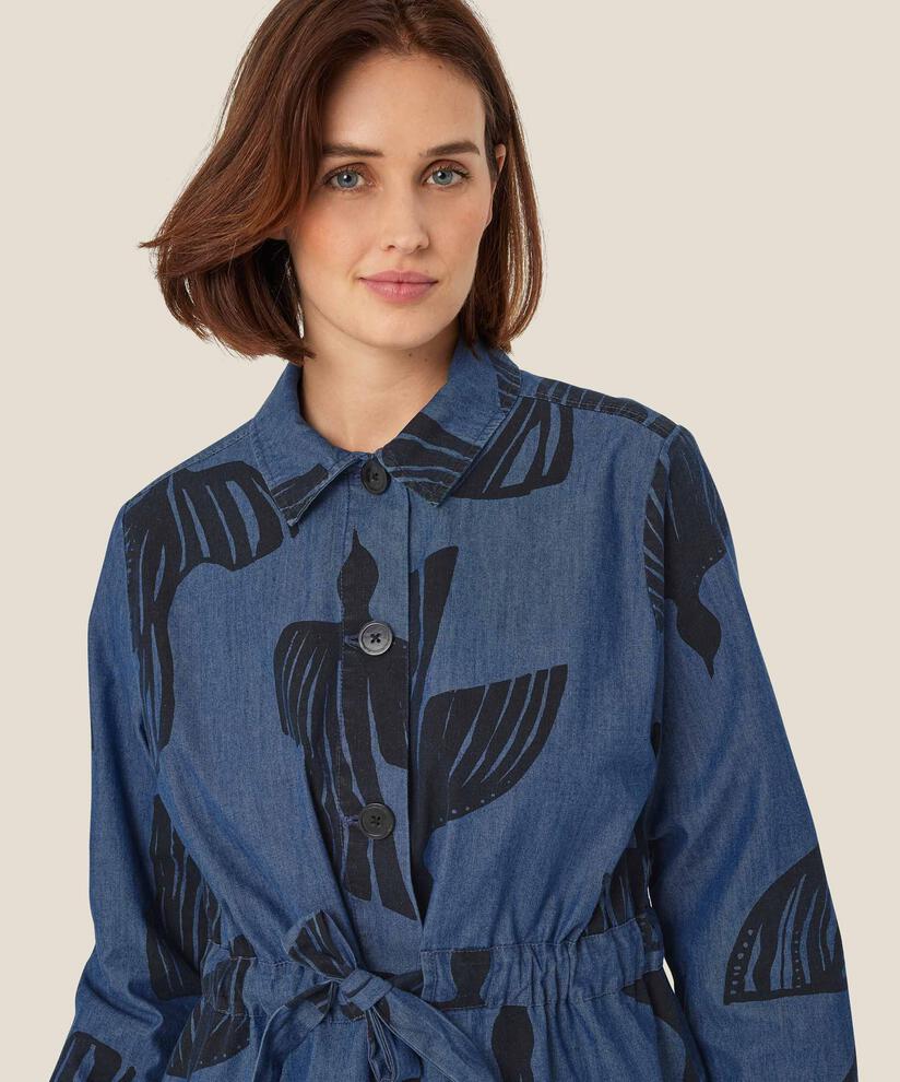 Bedruckte Jeansjacke mit Bindeband in der Taille, Dark Denim