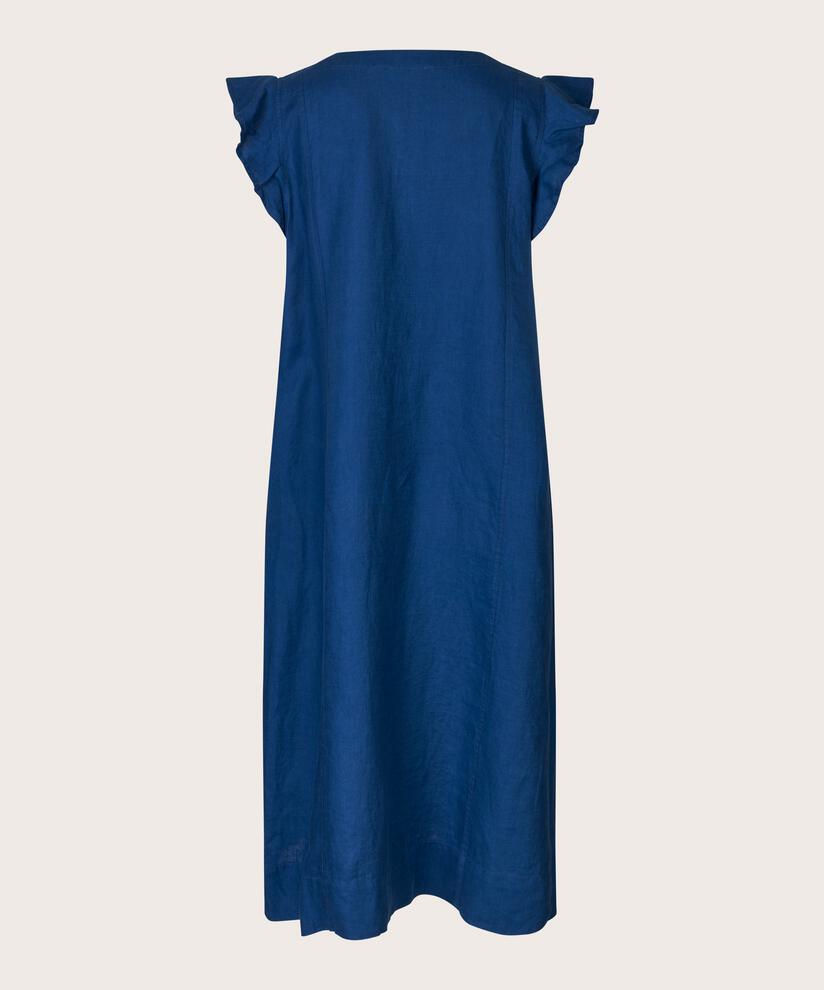 Kleid aus Leinen mit V-Ausschnitt und Rüschen, Navy Peony