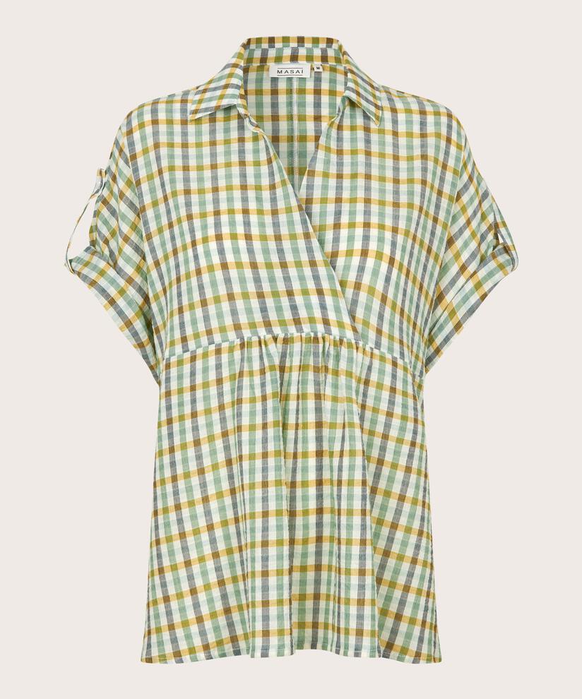 karierte Baumwollbluse mit Wickeleffekt, D. Grass Green