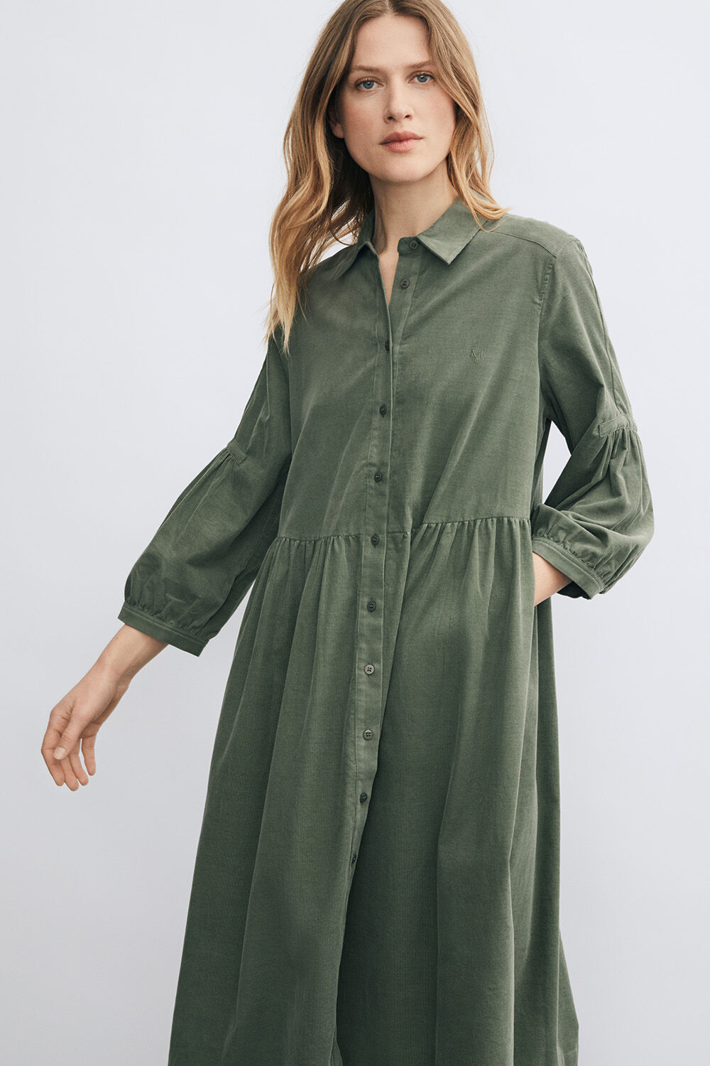 Hemdblusenkleid aus Babycord mit 3/4-&Auml;rmeln - Agave Green