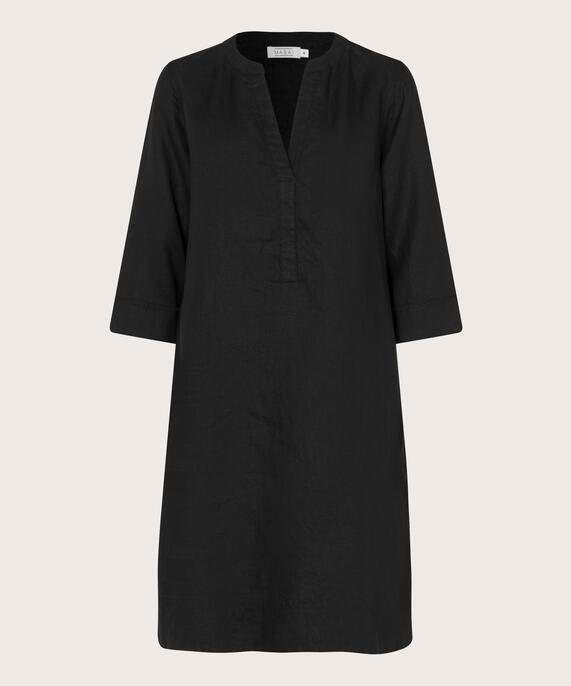 Leinenkleid mit V-Ausschnitt und Eingrifftaschen, Black