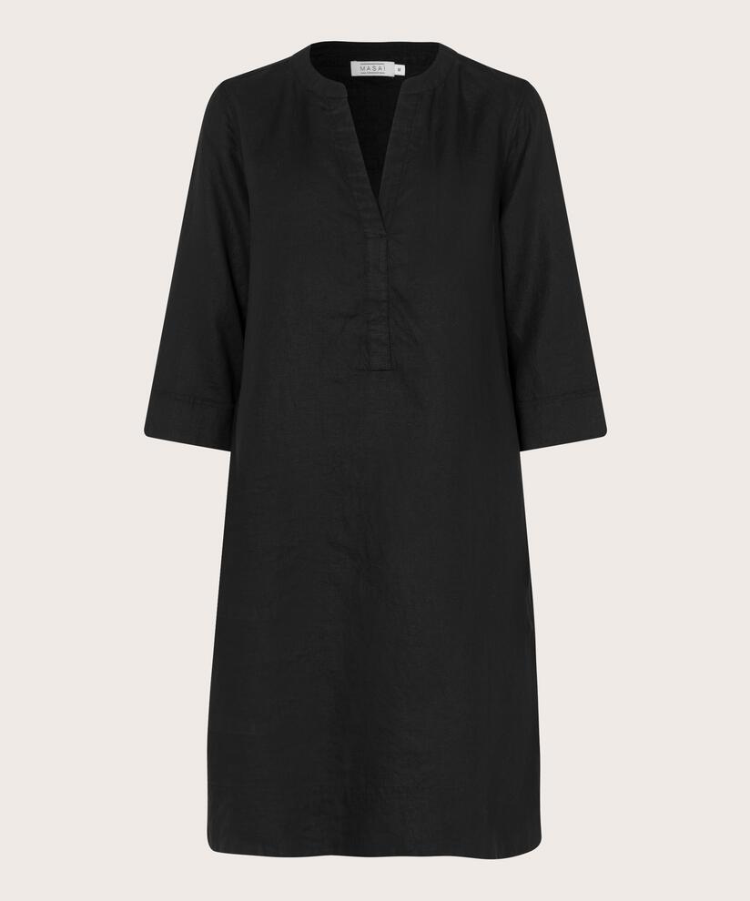 Leinenkleid mit V-Ausschnitt und Eingrifftaschen, Black