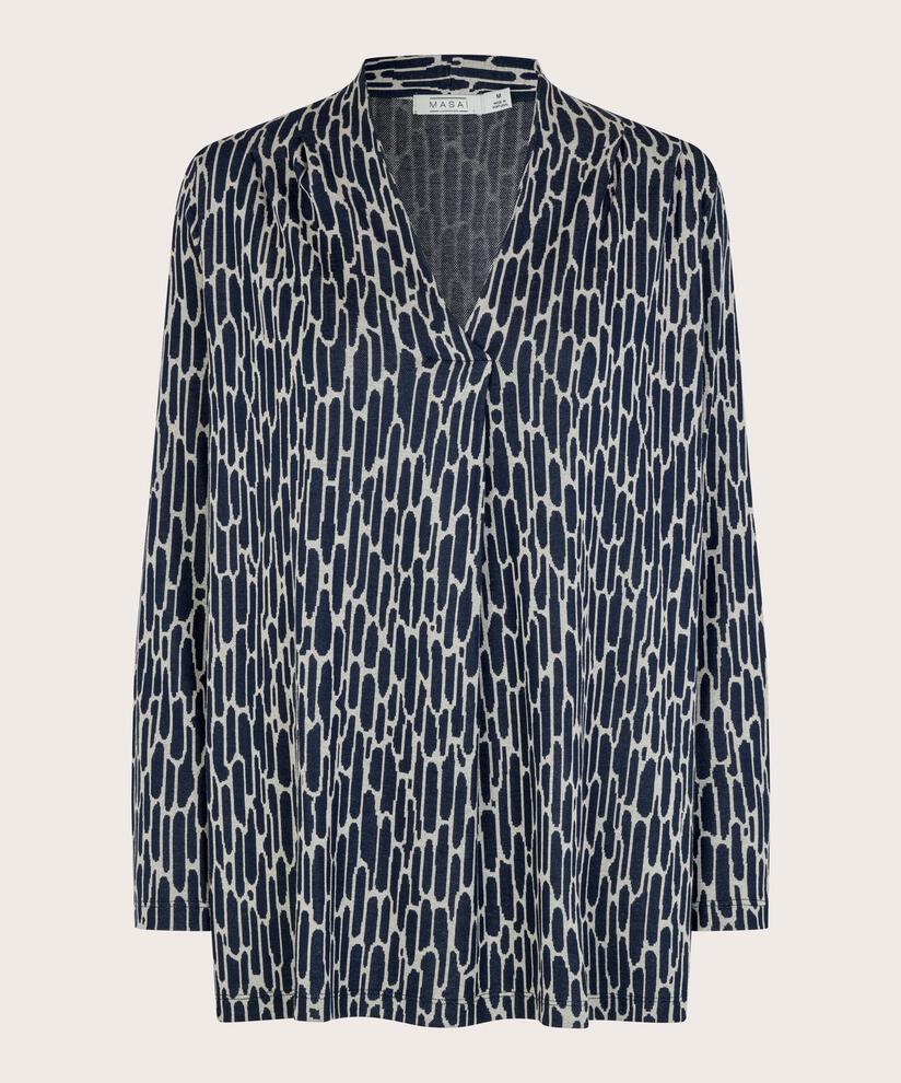 Jersey-Top mit V-Ausschnitt und kleinem Kragen, Maritime Blue