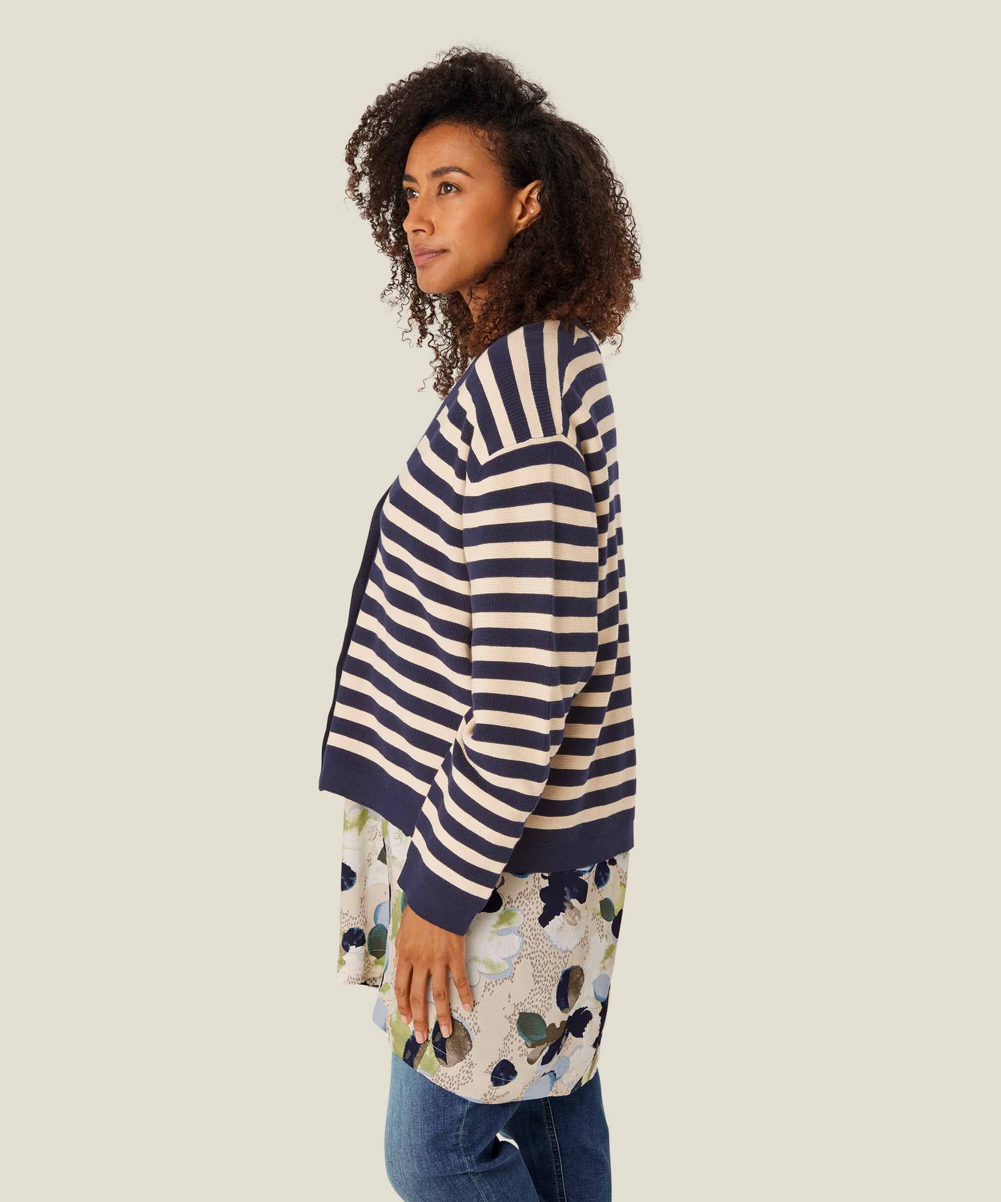 Gestreifter Cardigan aus Baumwolle, Maritime Blue