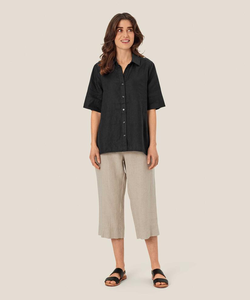 Leinenhemd mit kurzen Ärmeln und V-Ausschnitt, Black