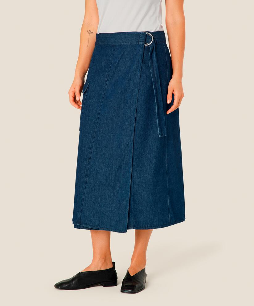 Jeansrock mit Gürtel und Wickeleffekt, Dark Denim