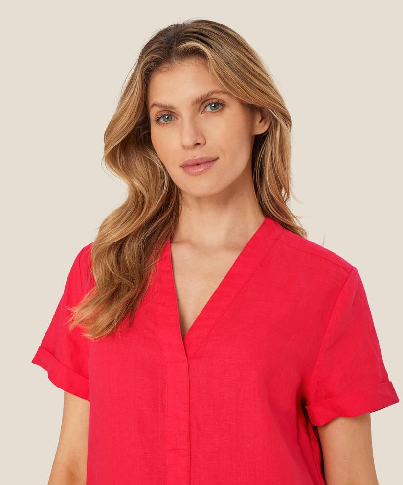 Leinenkleid mit V-Ausschnitt und Eingrifftaschen, Hibiscus