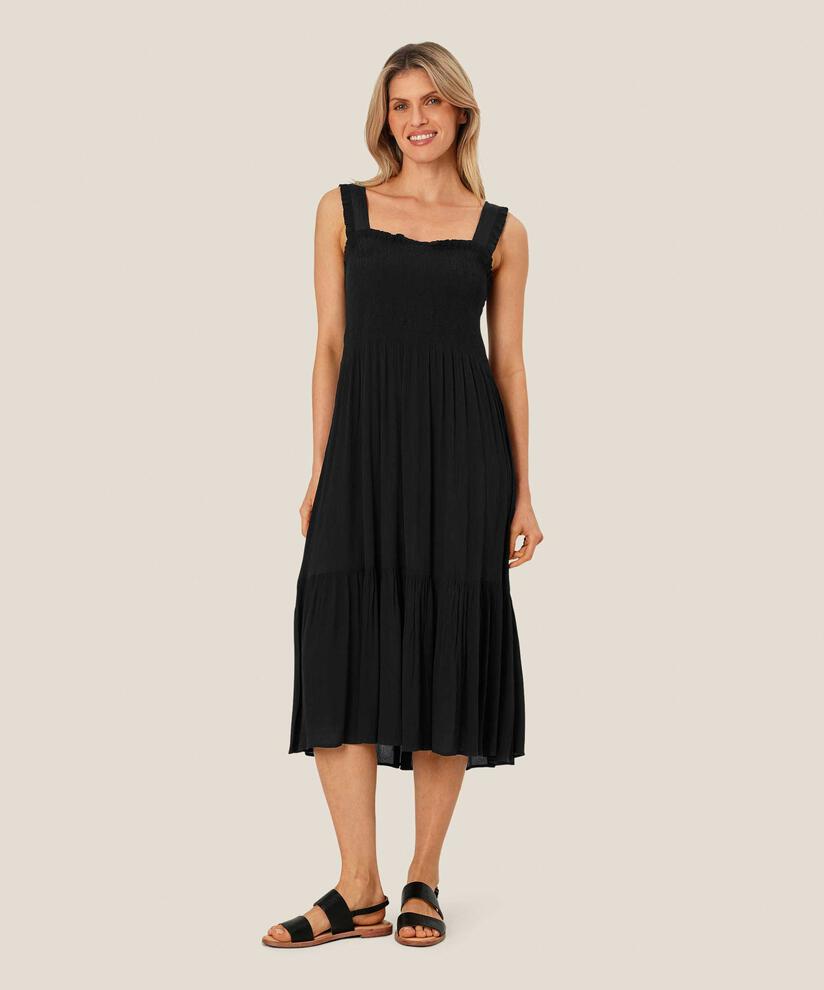 Viskosekleid mit Trägern und Smok über der Brust, Black