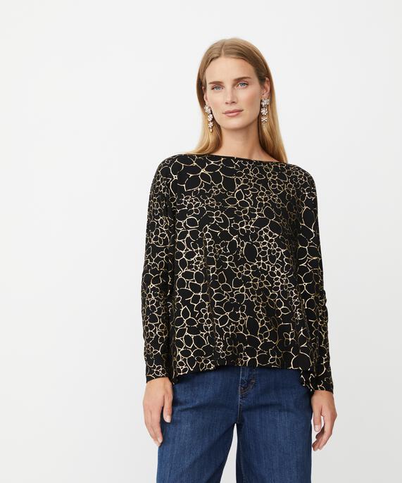 Oversize-Jersey-Top mit schmalen Ärmeln und Goldprint, Gold