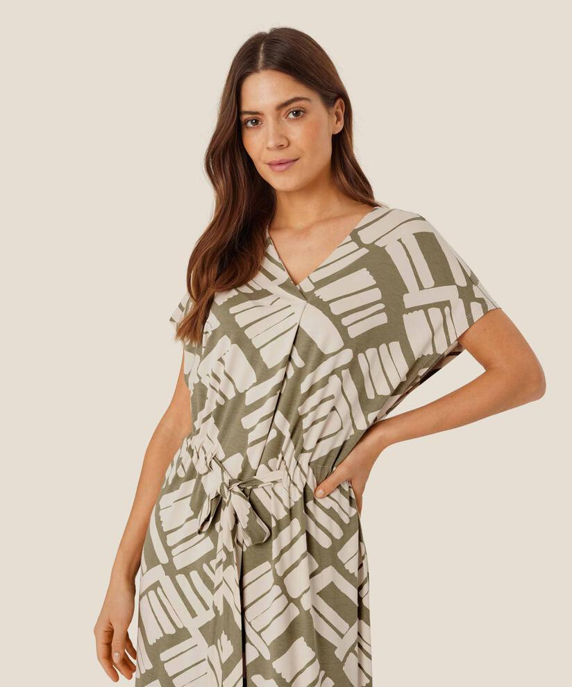 Bedrucktes Jerseykleid mit Bindeband in der Taille, Dusky Green