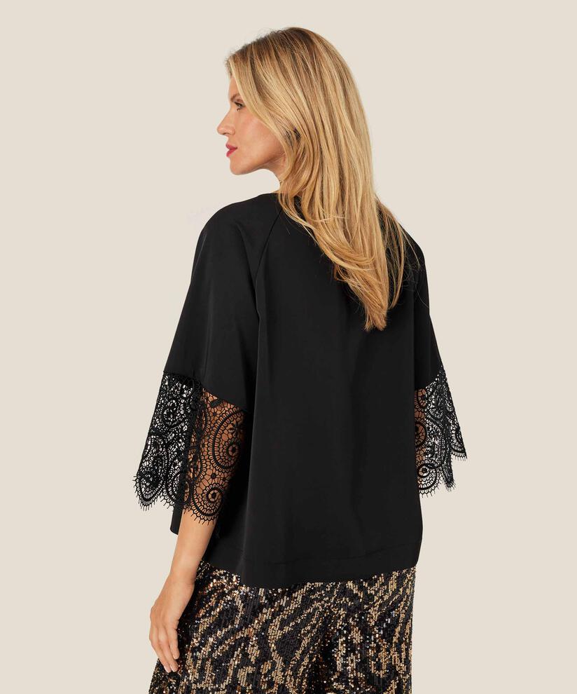 Bluse mit Spitzenärmeln, Black